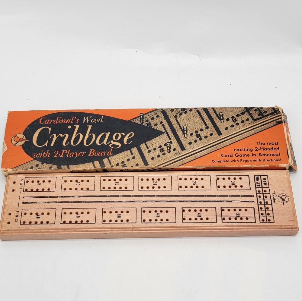 Vintage Cardinal's Wood Cribbage board 2-Player Original Box No.61 with Pegs